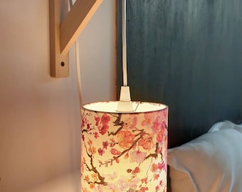 Square wall light in beech wood and fabric lampshade in pink or blue cherry print, Japanese cherry
