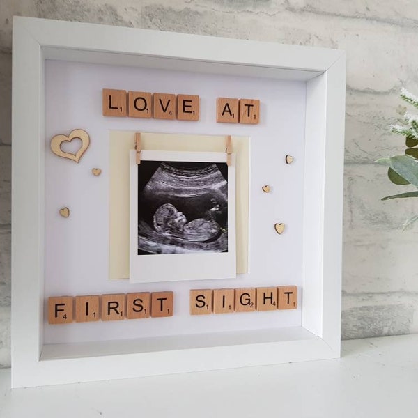 Love at first sight baby scan photo frame with wooden scrabble tiles