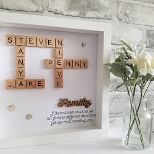 Marco de crucigrama de apellido personalizado con cita en estilo Scrabble, regalo para el día de la madre, regalo de cumpleaños, regalo de Navidad