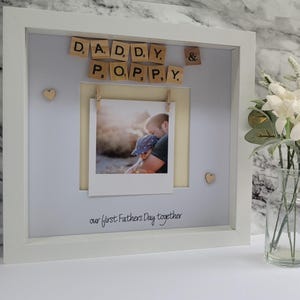 Personalised first fathers day photo frame with wooden scrabble tiles