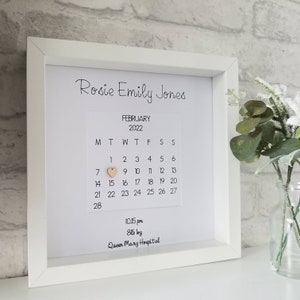 Personalised baby birth details calendar frame, new baby gift, baby shower, new parent gift
