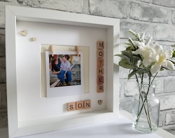 Mother & son photo frame with wooden letter tiles.