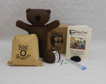 Brown Teddy Bear Knit Kit with easy to follow illustrated pattern including yarn, knitting needles, sewing needle,stitch marker and stuffing