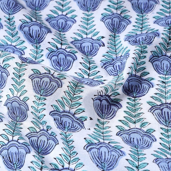 Fabric pre cut 49x110cm Indian light Cotton Fabric Hand Block Printed Sewing Indian Flowers White Blue Green India