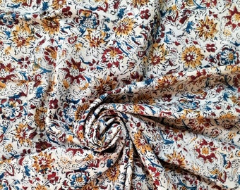 Fabric cut by 50 cm Indian Cotton Fabric Kalamkari print Hand Printed Sewing Indian Flowers India Width 110 cm Ecru Colorful
