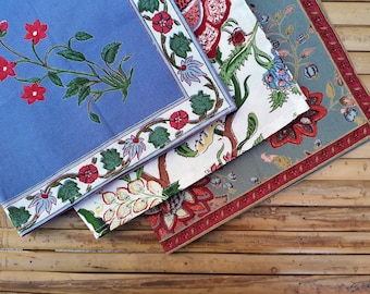 Napkin Square table mat Hand block printed 40x40cm/17&quot;x17&quot; Cotton Flowers India Multicolored Handkerchief Lavender blue Thyme green White