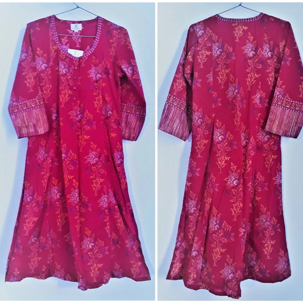 Vintage Anokhi Kurta Dress Cotton India XS size Hand block printed Boho Pregnancy maternity dress Pink Yellow Purple Flowers