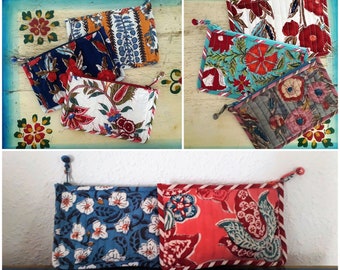 Hand block printed 16 x 10 cm Multi use Cotton Flat Coin Purse India Pouch Makeup case Poppy Flowers Colorful Blue Coral White Mustard