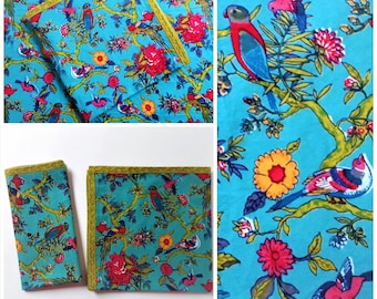 Napkin Hand block printed 40x40cm/17"x17" Cotton Flowers Birds Tropical India Turquoise Lime Multicolored Handkerchief