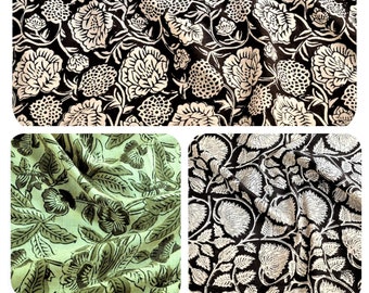 Fabric cut by 50 cm Indian light Cotton Fabric Hand Printed India Flowers Lotus Grey Olive green Black Ivory Ecru Beige