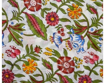 Fabric cut by 50cm/Width 110cm Indian light Cotton Voile Fabric Hand Block Printed Sewing Indian Flowers India White Colorful Red Blue Green