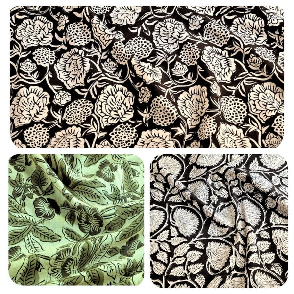 Fabric cut by 50 cm Indian light Cotton Fabric Hand Printed India Flowers Lotus Grey Olive green Black Ivory Ecru Beige