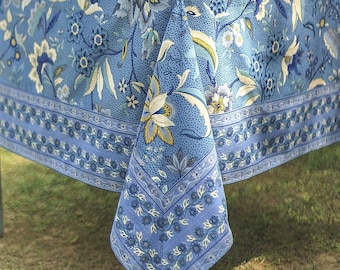 Hand blocked Square Tablecloth 150x150cm/60&quot;x60&quot; Curtain Sewing Bed sheet Sofa cover Indian cotton Screen Printed Big Flowers Blue Yellow