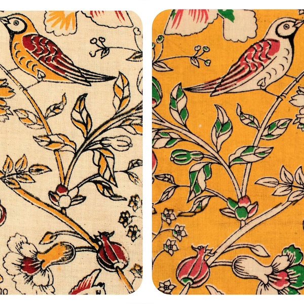 Fabric cut by 50 cm Indian Cotton Fabric Hand Block Printed Sewing India Width 110 cm Ecru Ivory Yellow Mustard Birds Flowers Colorful