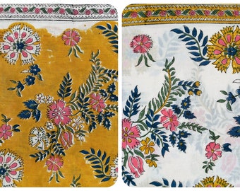 Fabric cut by 50 cm Indian light Cotton Fabric Hand Block Printed Border India Flowers Colorful Multicolored Mustard Yellow White Pink Blue