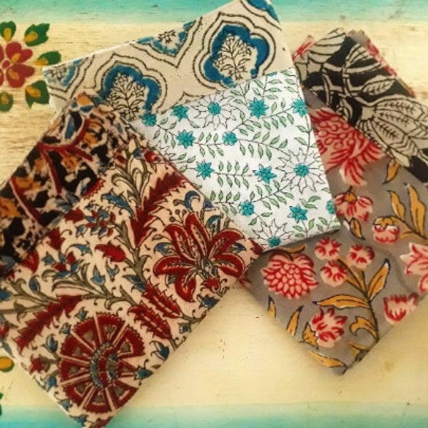 Ajrakh/Kalamkari/Sanganeri prints 50x50cm/20"x20" Square Indian cotton napkin Table Mat Hand printed Flowers White Blue Grey Red Black Green