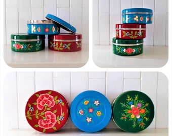 Container Box Tea bags Cookies Sugar Chappattis Round enameled varnished hand painted stainless steel flowers India Red Green Blue