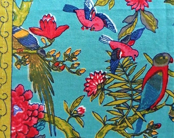 Napkin Hand block printed 40x40cm/17&quot;x17&quot; Cotton Flowers Birds Tropical India Turquoise Lime Multicolored Handkerchief