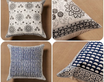 Cushion cover 40x40cm/16"x16" Square Indian cotton Hand block Printed  Flowers White Grey Indigo blue