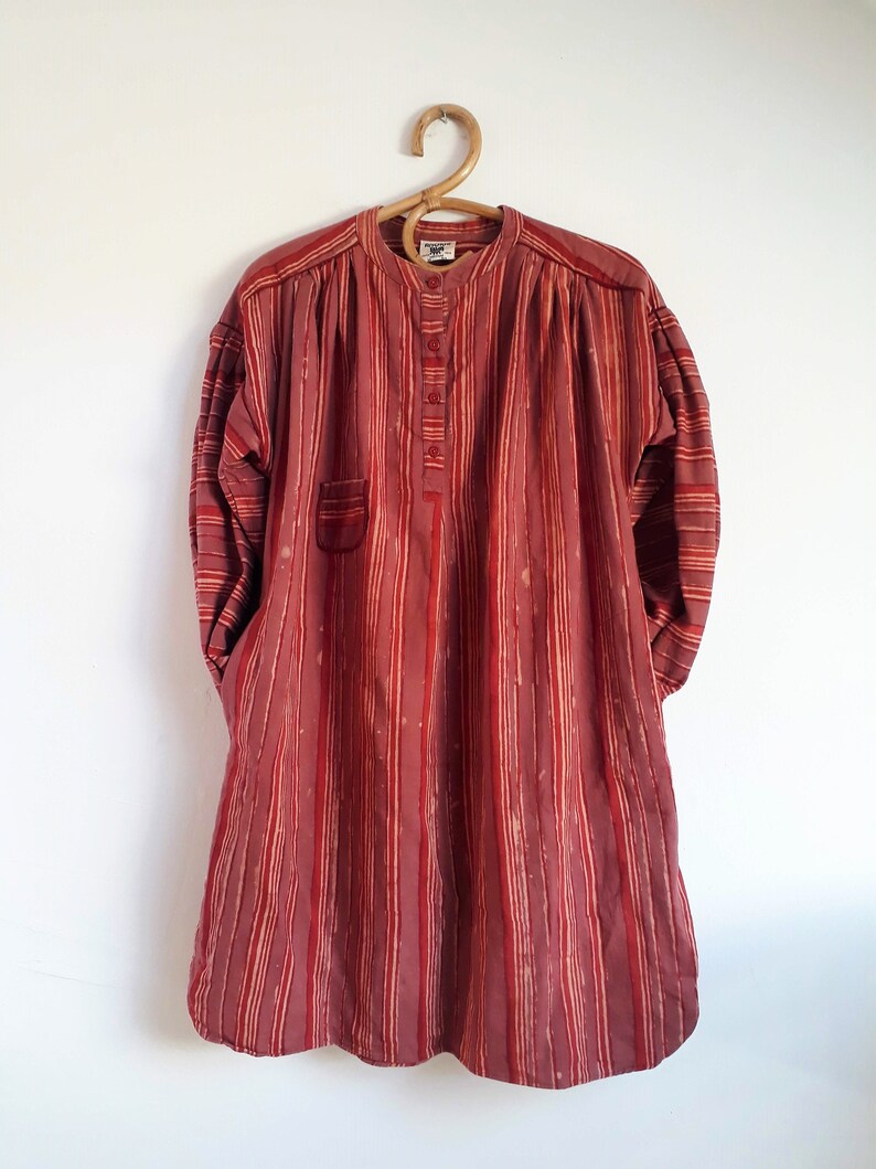 Anokhi Vintage 70/' Tunic Kurta Shirt Dress Maternity Tick cotton Hand block printed Striped Medium size Old Rose Burgundy India Mid season