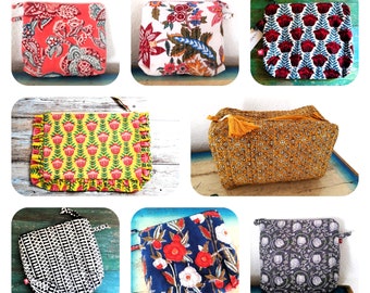 Hand block printed 17x20cm/18x26cm/14x22cm Multi use Indian cotton Case Pouch Makeup Toiletry bag Flowers White Gray Blue Coral Mustard