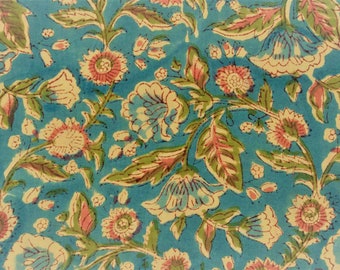 Fabric cut to size starting by 50 cm Indian Cotton voile Fabric Hand Block Printed Sewing Indian Flowers Turquoise Blue Pink Green Ivory