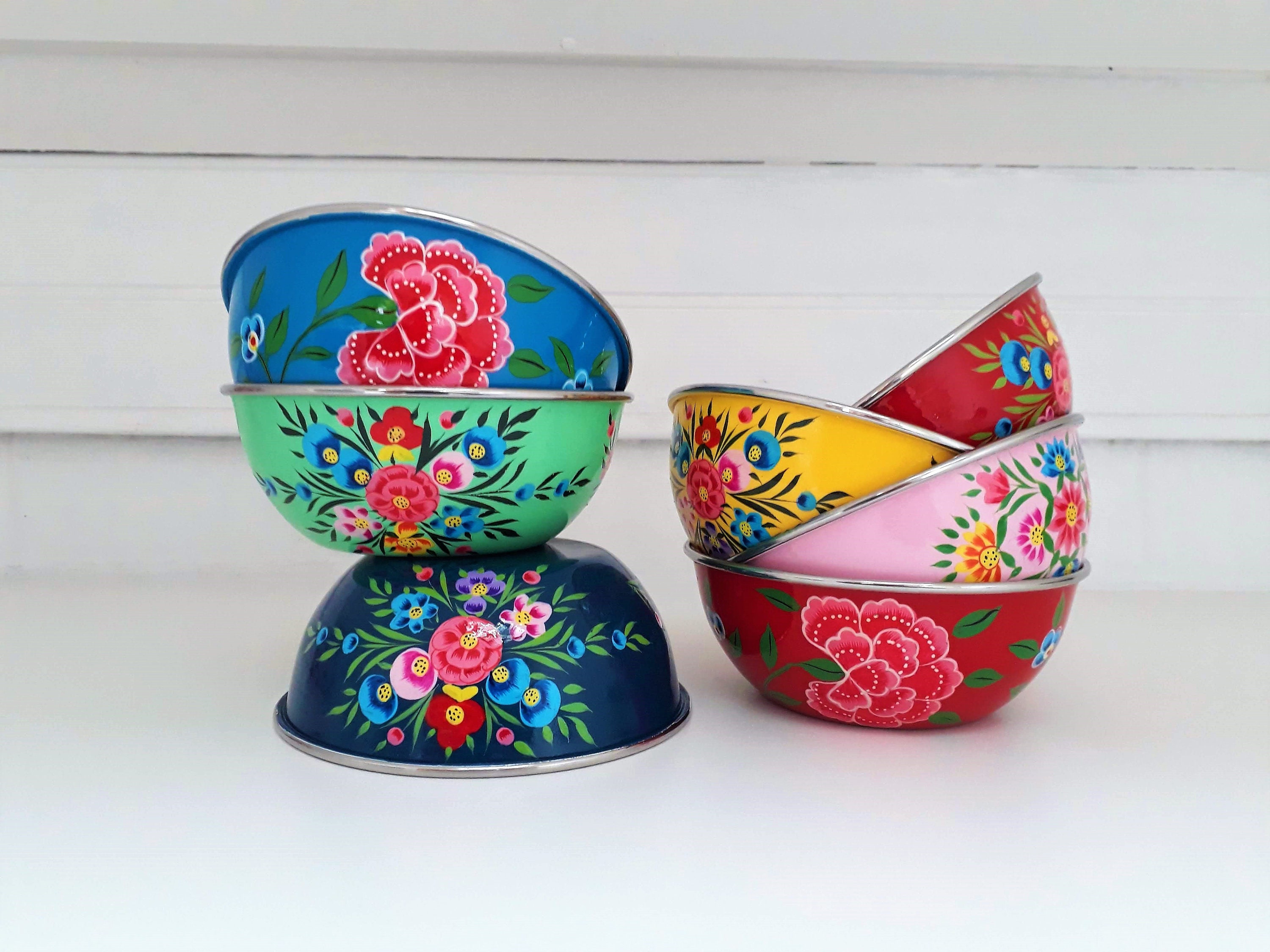 Cereals Soup 5.5cm X Ø13cm Pet Bowl Cup Stainless Steel Enameled Handpainted Saucer Planter India Fl