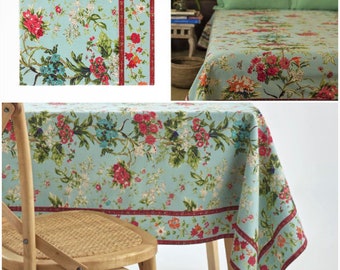 Single Bed sheet Hand block print 250X150cm/100&quot;X60&quot; or 150x150cm/60&quot;x60&quot; Tablecloth Curtain Wrap cotton India Flowers Sky blue Pink Green