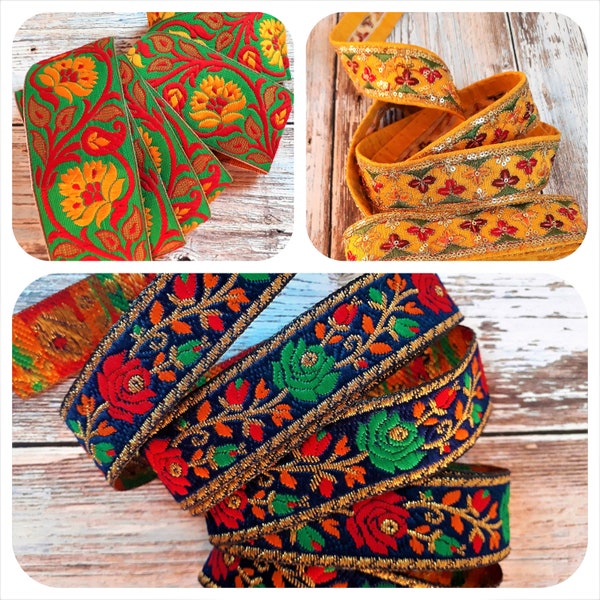 Embroidered braid Ribbon Border Trim Sequins Flowers Colorful India Haberdashery Yellow Red Blue Green Emerald Gold