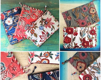 Hand block printed 19 x 13 cm Multi use Cotton Flat Case India Coin Purse Pouch Makeup case Toiletry bag Flowers Coral Navy White Taupe