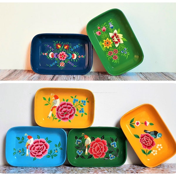 Tray hand painted stainless steel enameled India Multi-purpose Holder Container Serving tray Plate Dish Flowers Birds Yellow Green 17x12cm