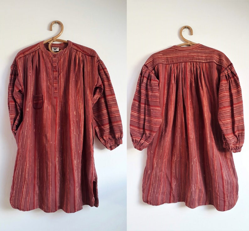 Anokhi Vintage 70/' Tunic Kurta Shirt Dress Maternity Tick cotton Hand block printed Striped Medium size Old Rose Burgundy India Mid season