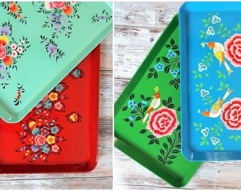 Rectangle Tray Hand painted 23.5 cm x 33 cm Enameled stainless steel India Vintage style Flowers Colorful Enamelware Green Red Blue Lagoon