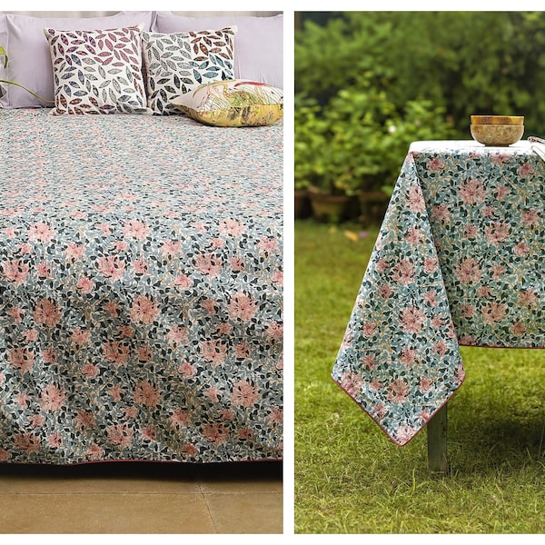 Hand block printed 230x150 cm/90"x60"-150x150/60"x60" Tablecloth Bed sheet Sofa cover Indian Cotton Flowers Blue Azure Pink White Grey