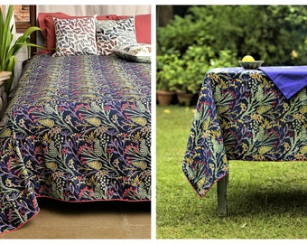 Hand block Tablecloth Square 60"x60"/150x150 cm Rectangle 90"x60"/230x150 cm Bed sheet Sofa cover Indian cotton Flowers Dark blue Colorful