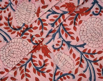 Pre cut 50x110cm Cotton Fabric Hand Block Printed India Flowers Light Pink Gray Blue Flowers