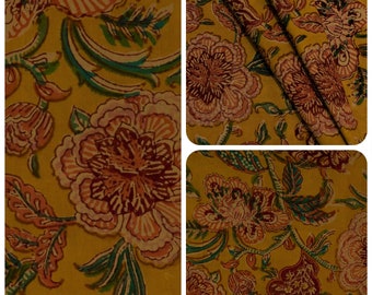 Fabric cut by 50 cm Indian light Cotton Fabric Hand Block Printed India Big Flowers Colorful Red Mustard Yellow Turquoise Green Coral