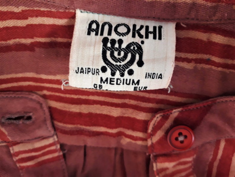 Anokhi Vintage 70/' Tunic Kurta Shirt Dress Maternity Tick cotton Hand block printed Striped Medium size Old Rose Burgundy India Mid season