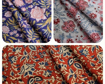 Fabric cut by 50 cm Indian light Cotton Fabric Hand Printed India Flowers Grey Pink Rust Red Blue Ivory Mustard Purple Orange