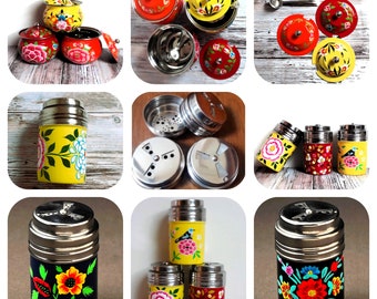 Salt Pepper Shaker Sprinkler Spices Sugar Stainless steel enameled hand painted India Kashmir Turquoise Black Navy Colorful Flowers