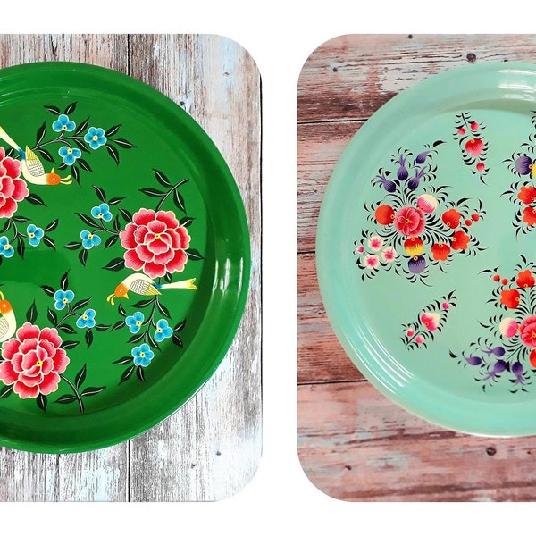 Round Tray Hand painted Ø33 cm Enameled stainless steel India Vintage style Flowers Birds Colorful Enamelware Green Light blue