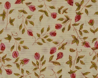 Fabric cut to size Indian Cotton Fabric Hand Block Printed India Flowers Rosebuds Striped stripes Ecru Ivory Green Pink