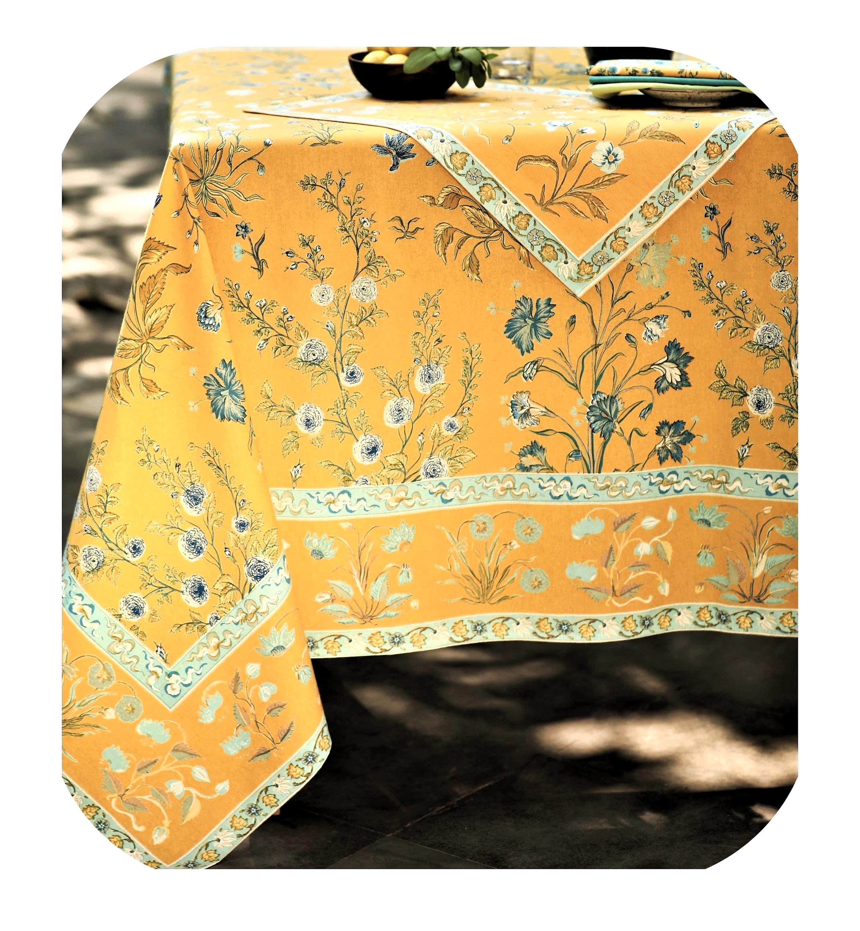 Hand block printed 230x150 cm/90"x60"-150x150/60"x60" Tablecloth Bed sheet Sofa cover Indian Cotton Flowers Yellow White BlueColorful