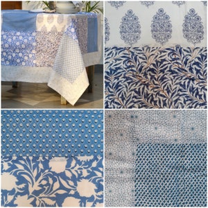 Hand blocked Square Patchwork Tablecloth 150x150cm/60&quot;x60&quot; Sewing Bed sheet Sofa cover Indian cotton Screen Printed Flowers Blue White