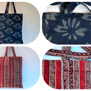 Tote bag Hand block Printed Anokhi prints India Cotton Shopping bag Rust Red Ivory Stripes Flowers Dark Blue Cotton fabric bag Lined