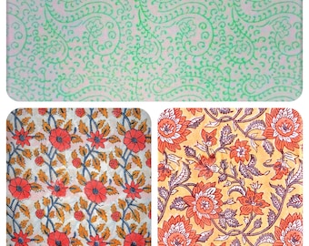 Fabric cut by 50 cm Indian light Cotton Mulmul Fabric Hand Printed India Flowers Peach White Aqua Green Coral Mustard Grey  Pale yellow