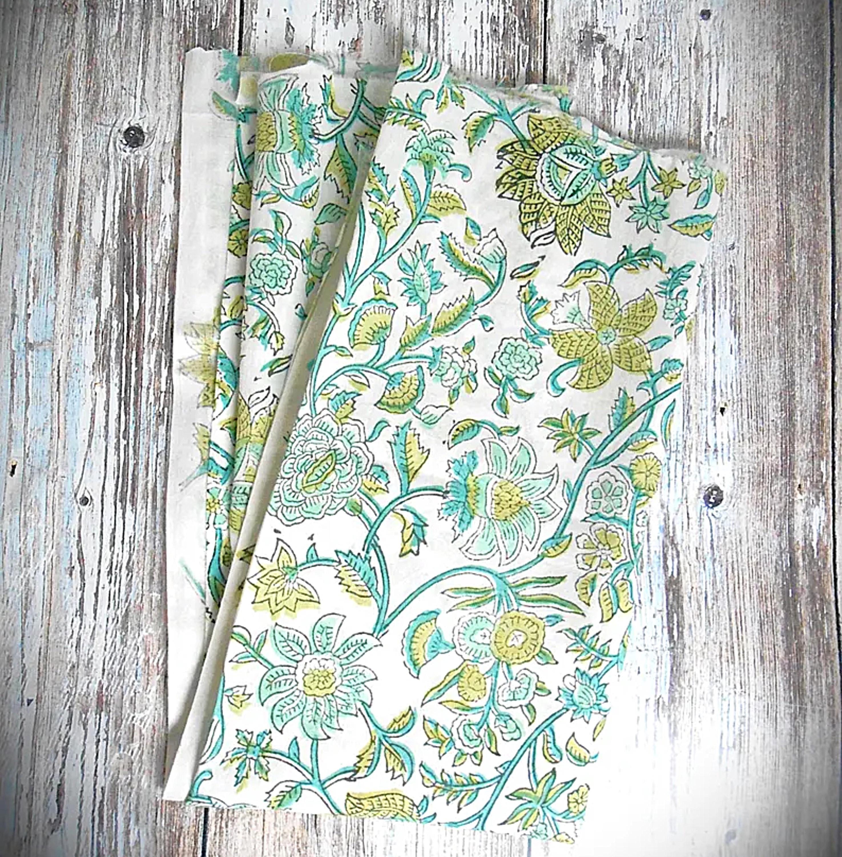 Pre cut 50 X 110cm Indian light Cotton Fabric Hand Block Printed India Flowers White Green Coral Lime
