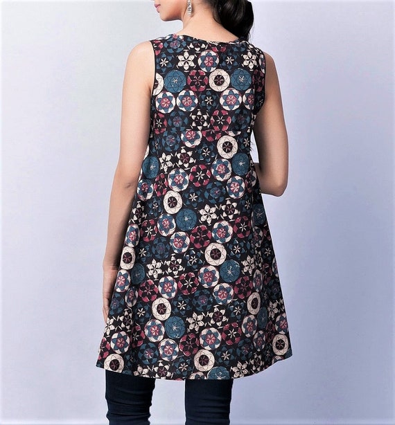 VINTAGE Mini Dress Top Tunic India Cotton Teal Red Hand Plock Print FABINDIA Boho Gypsy Pop 70/' Flowers Circles S size