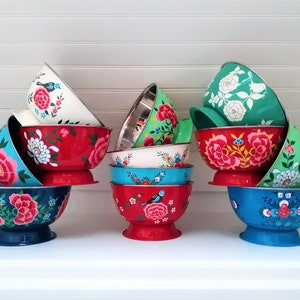 Hand painted 14 cm/ Ø23 cm Salad Fruit Bowl Planter Container Enameled stainless steel India Vintage style Flowers Birds Colorful Enamelware