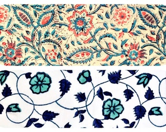 Fabric cut by 50 cm Indian light Cotton Fabric Hand Printed India Flowers Coral Aqua Mint Green Teal White Ecru Navy blue